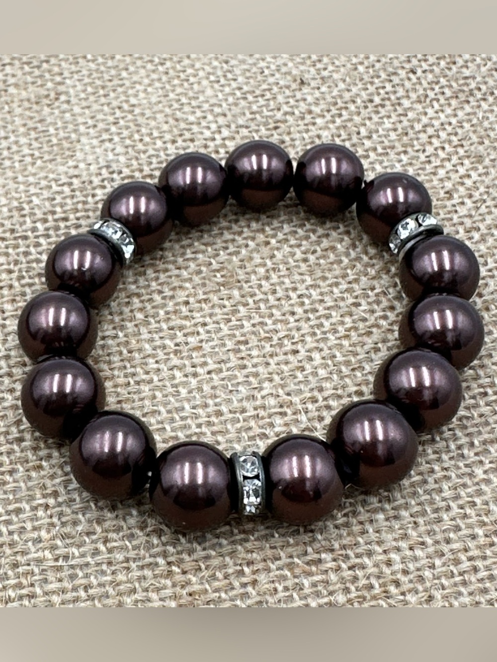 🍀 Brown Faux Pearl Beaded Rhinestone Rondelle Stretch Bracelet